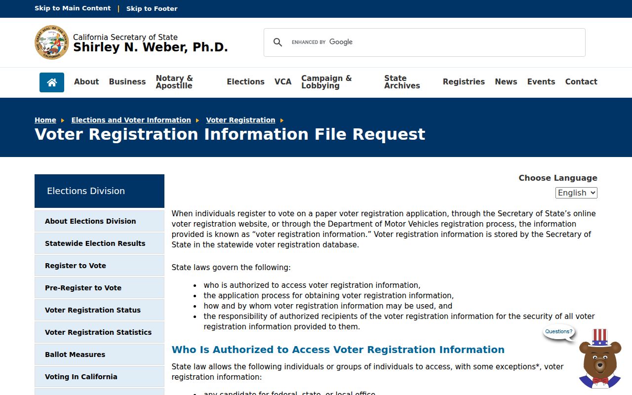 Wasco voter registration records California voter file request page